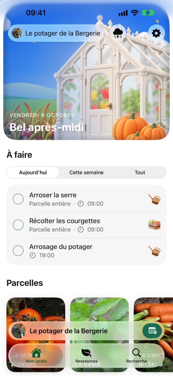 L'écran Mon jardin : le potager de la Bergerie sous un ciel d'après-midi, ce qu'il y a à faire aujourd'hui et les parcelles.