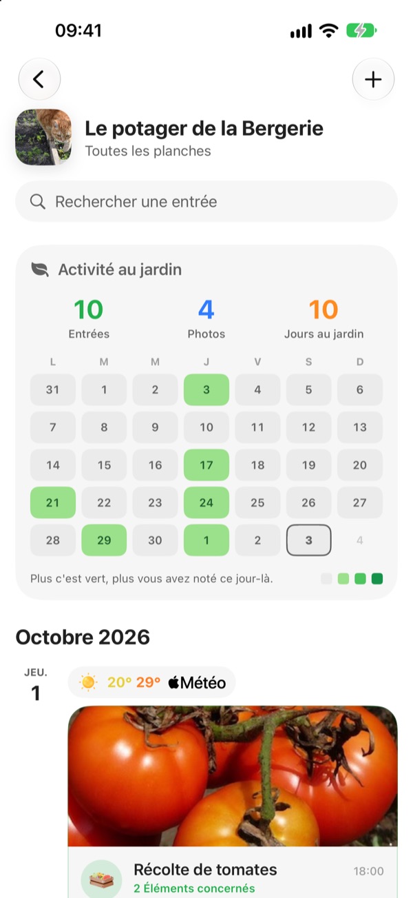 Le carnet de bord du potager : « Activité au jardin » avec 10 entrées, 4 photos et 10 jours au jardin, un calendrier où les jours notés sont en vert, puis la récolte de tomates du 1er octobre.