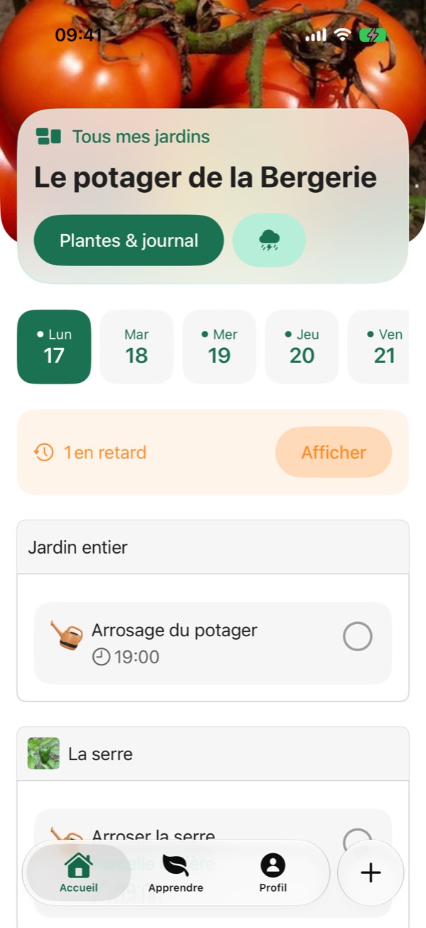L'écran d'accueil de l'app : le potager de la Bergerie, les jours de la semaine et les rappels du jour.